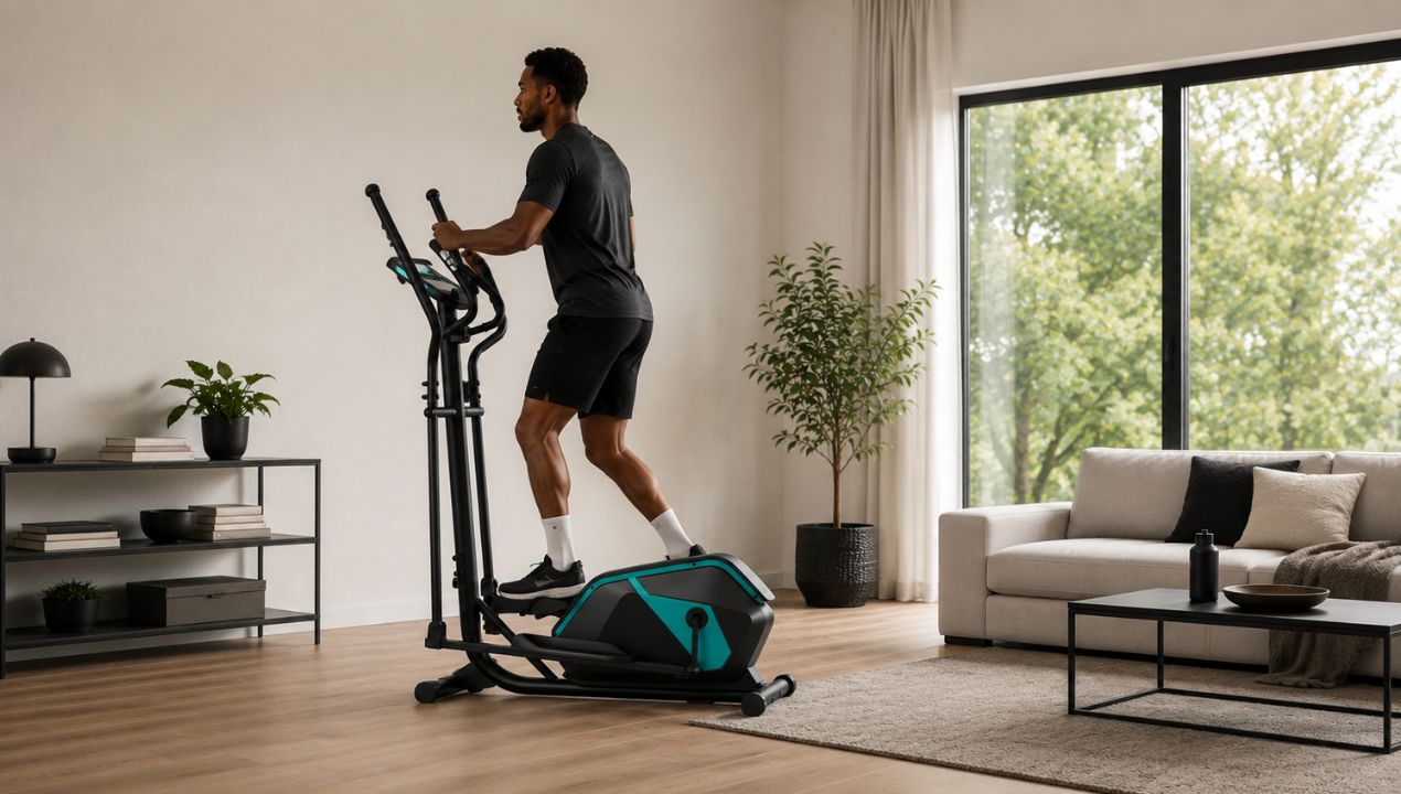 Het display en de handvatten met hartslagsensoren van de FITAGE crosstrainer