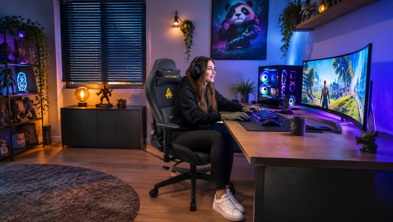 De armleuningen en rugleuning van de Vittanly gamestoel in detail