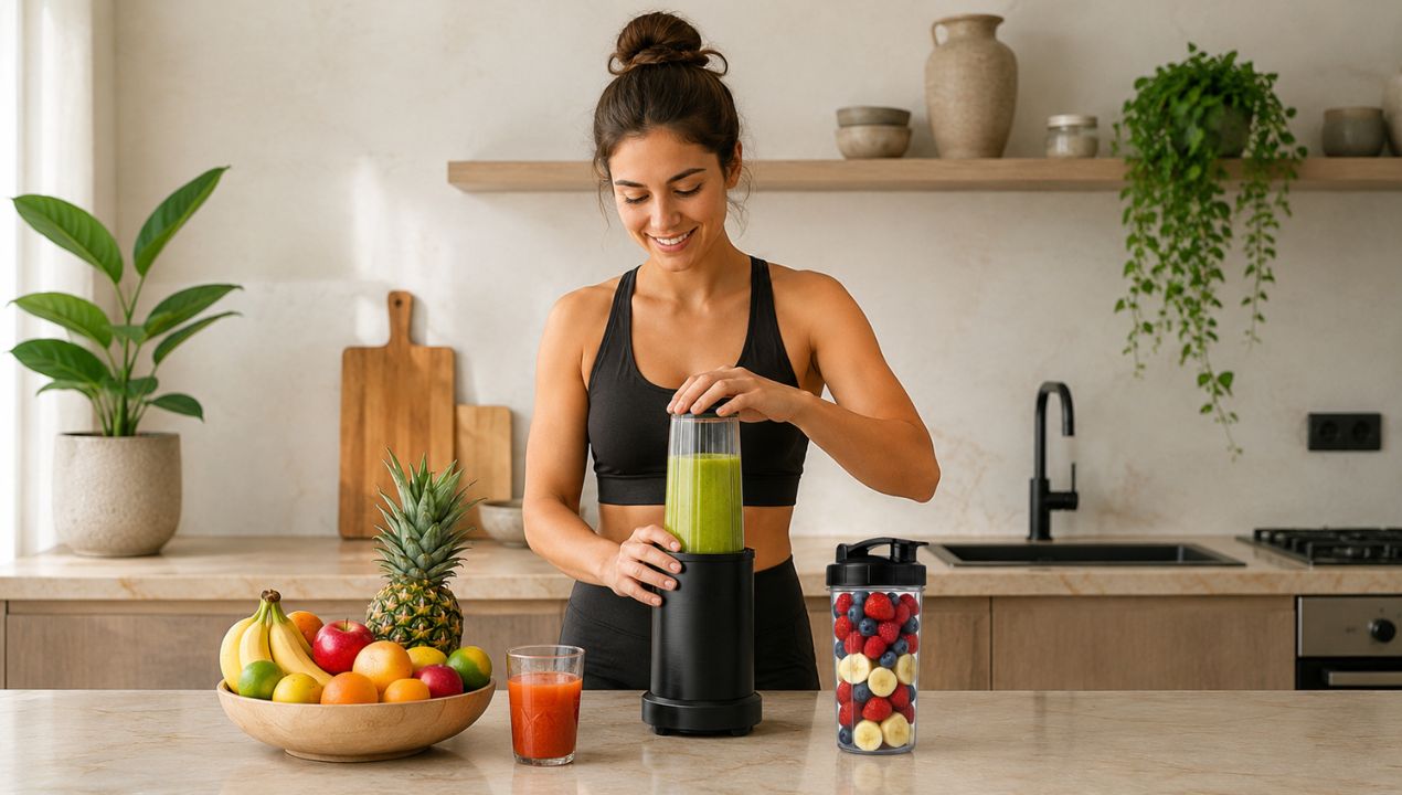 De bedieningsknoppen en to-go beker van de Safecourt blender in detail