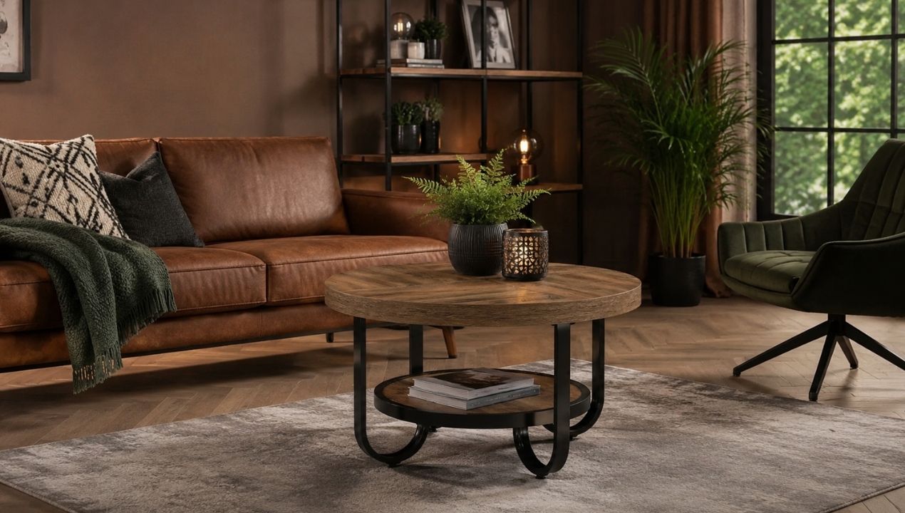 Tribesigns ronde salontafel in bruin met opbergplank
