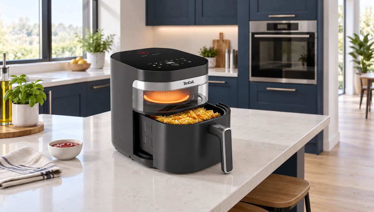 Het kijkvenster en de mand van de Tefal Easy Fry Infrared EY832H
