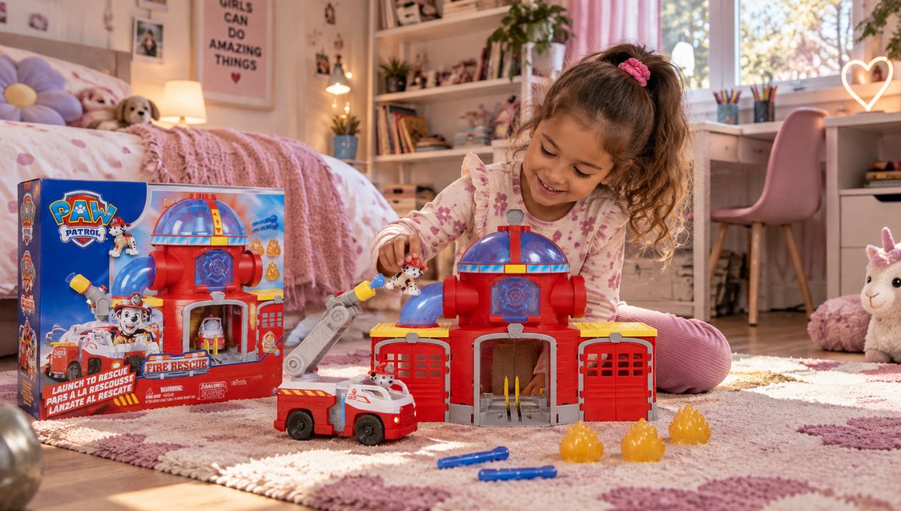 De draaiende ladder en waterlanceerder van de PAW Patrol Brandweerkazerne