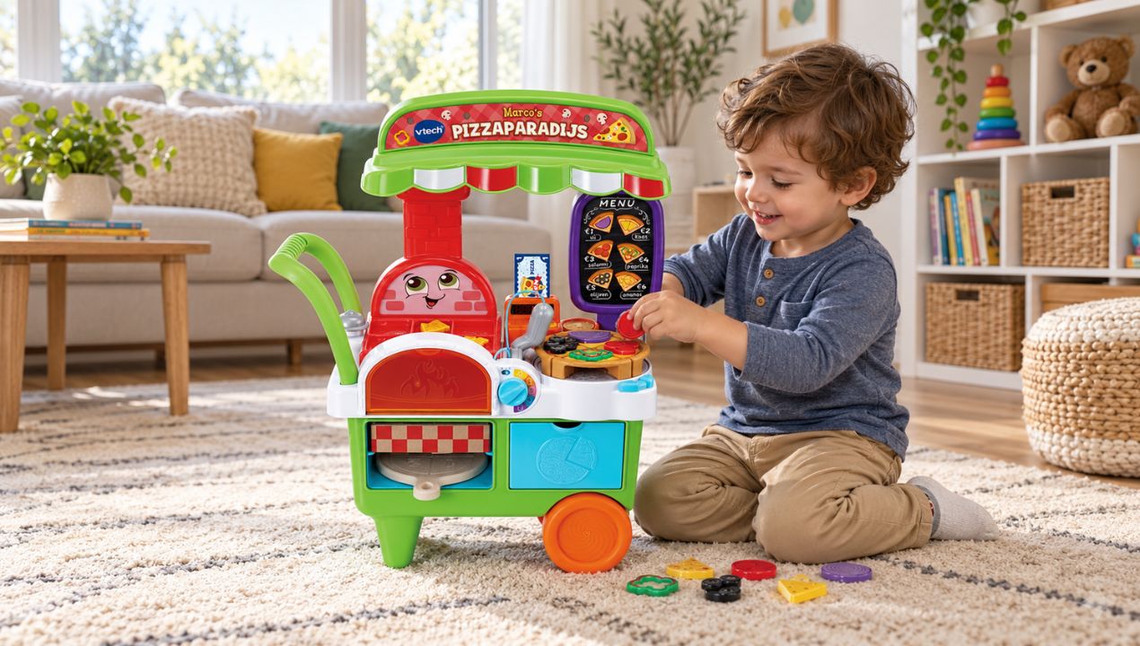 Detail van de interactieve pizzaschep en toppings van VTech Marco's Pizzaparadijs